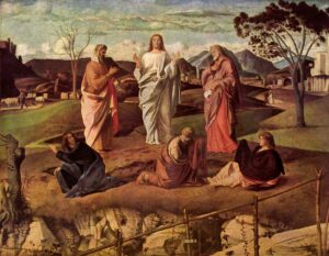 Title: Transfiguration of Christ; Date: 1480-1485; Artist: Giovanni Bellini (1426?-1516); Building: National Museum of Capodimonte; City/Town: Naples; Country: Italy; Scripture: Matthew 17:1-9; Mark 9:2-9; Luke 9:28-36, (37-43)