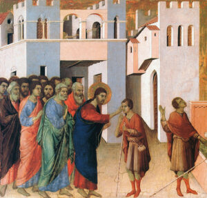 Title: Healing of the Man Born Blind; Date: 1307; Artist: Duccio di Buoninsegna (?-1319?); Scripture: Mark 10:46-52; John 9:1-41