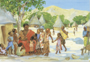 Title: Jesus welcomes the children; Date: 1973; Artist: JESUS MAFA; Country: Cameroon; Scripture: Mark 10:2-16; Matthew 10:40-42; Luke 12:32-40